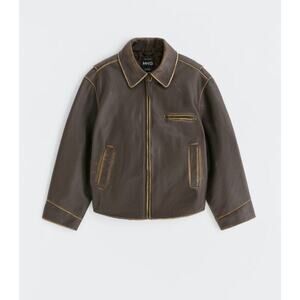 Mango Oversized Worn-Effect Leather Jacket - Xs Brown